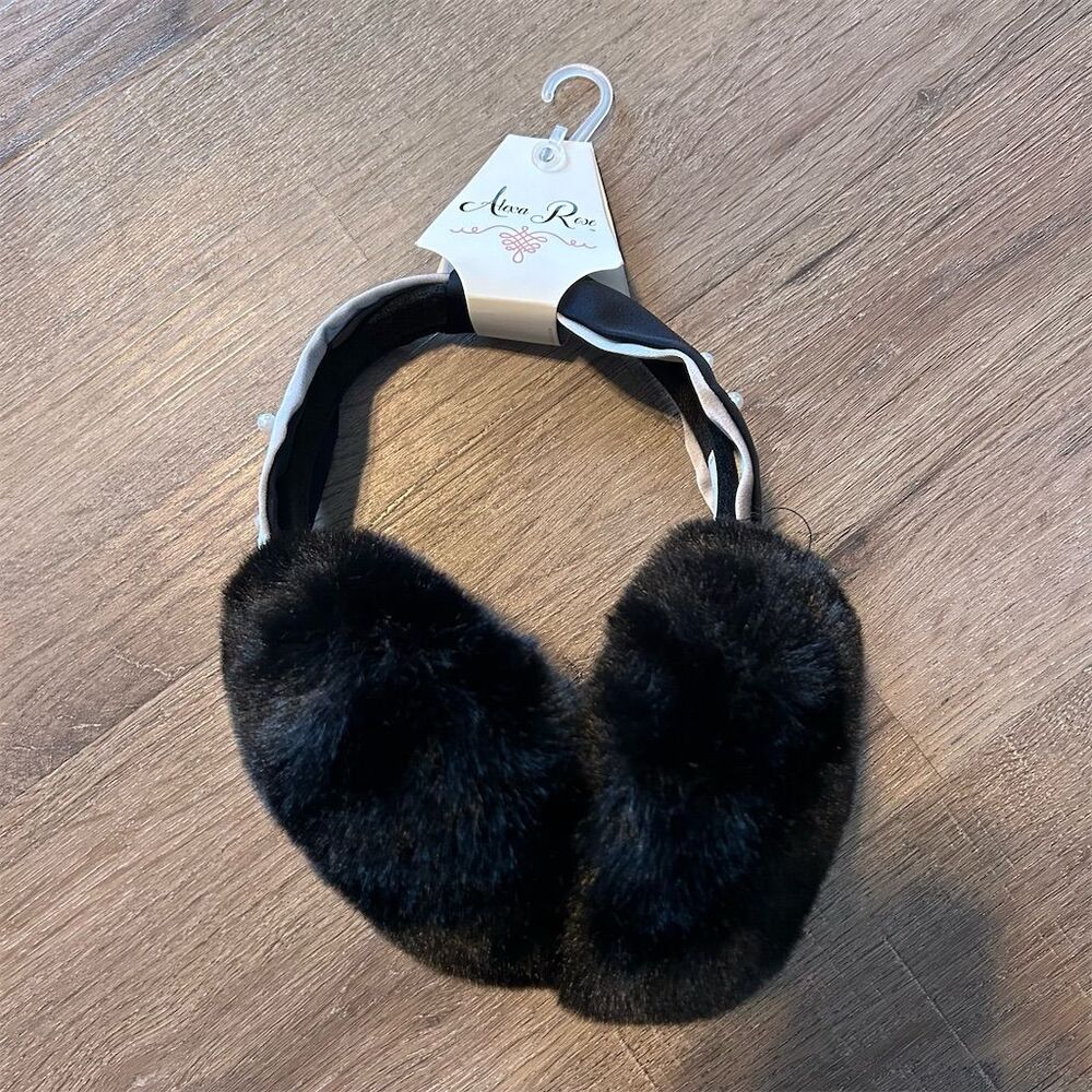Alexa Rose Black Furry Earmuffs with Pearl Accents Adjustable Unisex